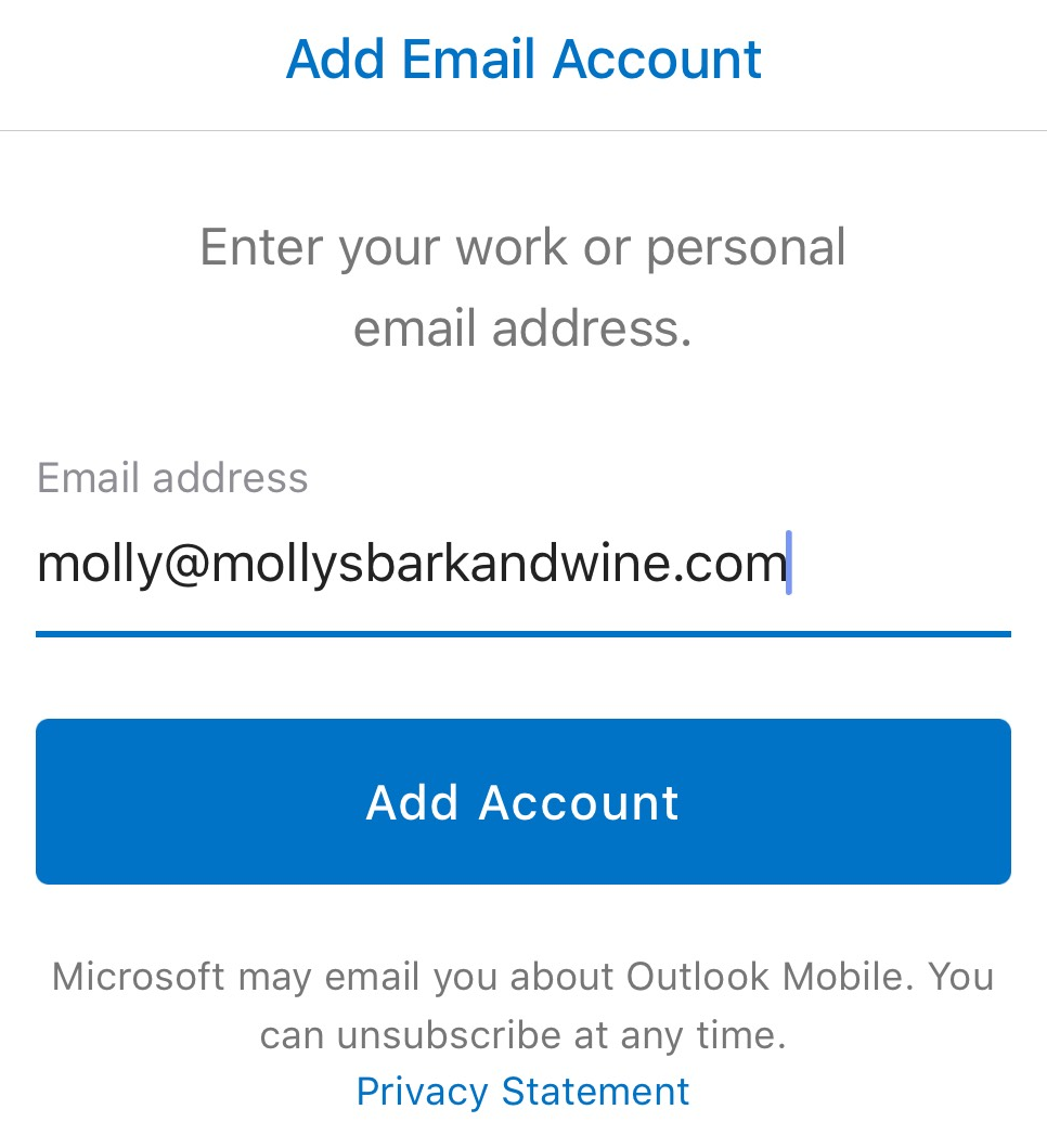 Type email address, tap Add Account