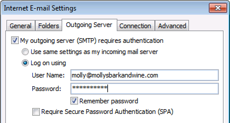 On Outgoing Server tab, select requires authentication, enter email details