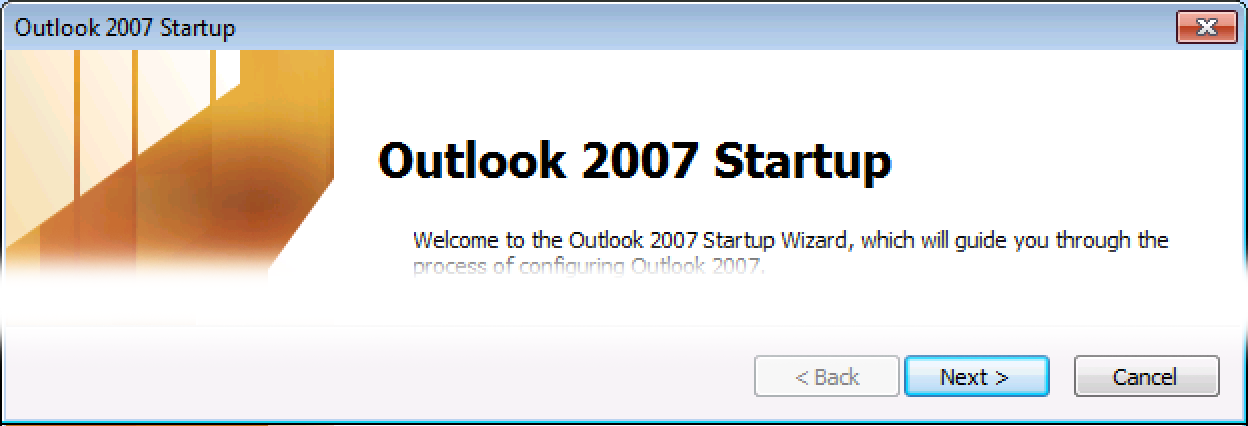 Outlook 2007 welcome screen, click Next