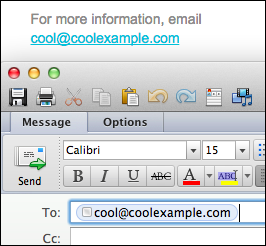 To link selected text, enter in the Link field: mailto:cool@coolexample.com