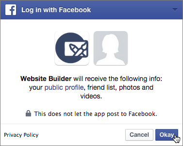 Kliknij przycisk OK, aby potwierdzić dostęp Kreatora witryn do Facebooka.