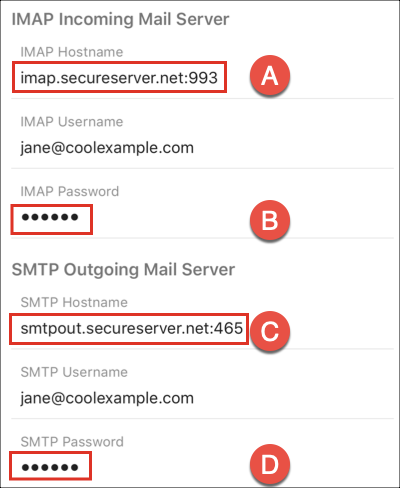 Entrez les paramètres du serveur et du port IMAP et SMTP.