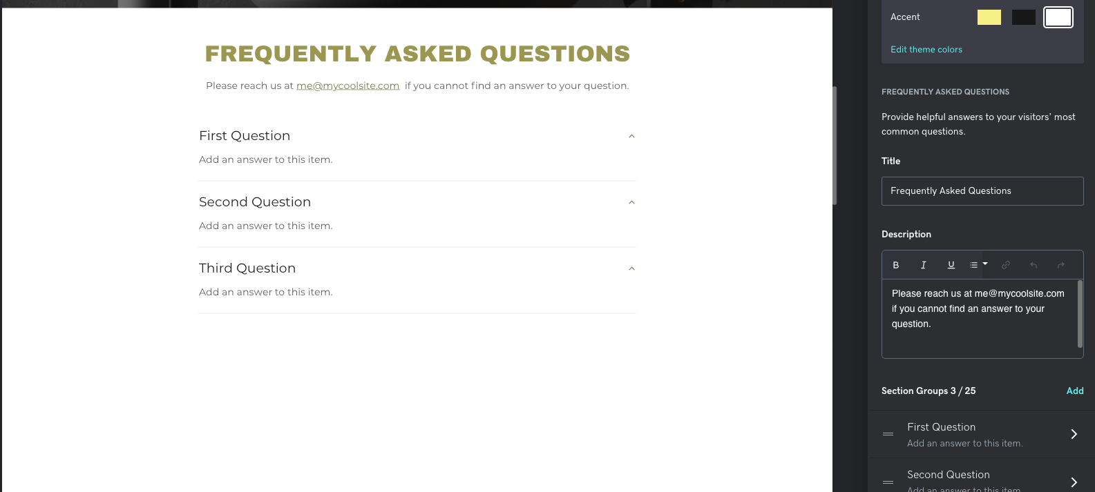 새로운 FAQ 섹션의 스크린 샷