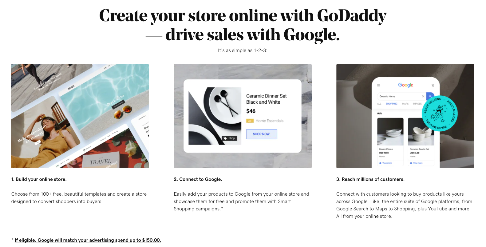 Ένα στιγμιότυπο οθόνης της οθόνης μάρκετινγκ που δείχνει τα πλεονεκτήματα και την ευκολία σύνδεσης στο Google Shopping