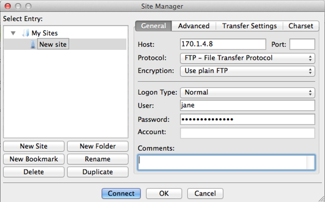 filezilla port number and password