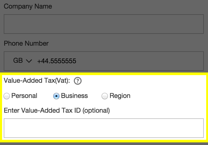 screenshot of Value-Added Tax (Vat) fields