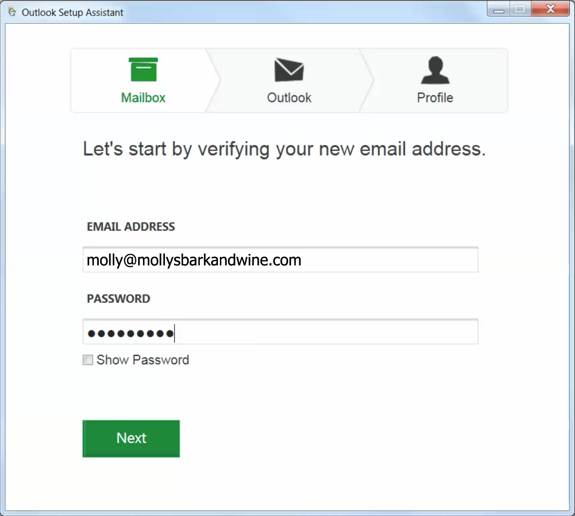 Enter email address, password, click Next.