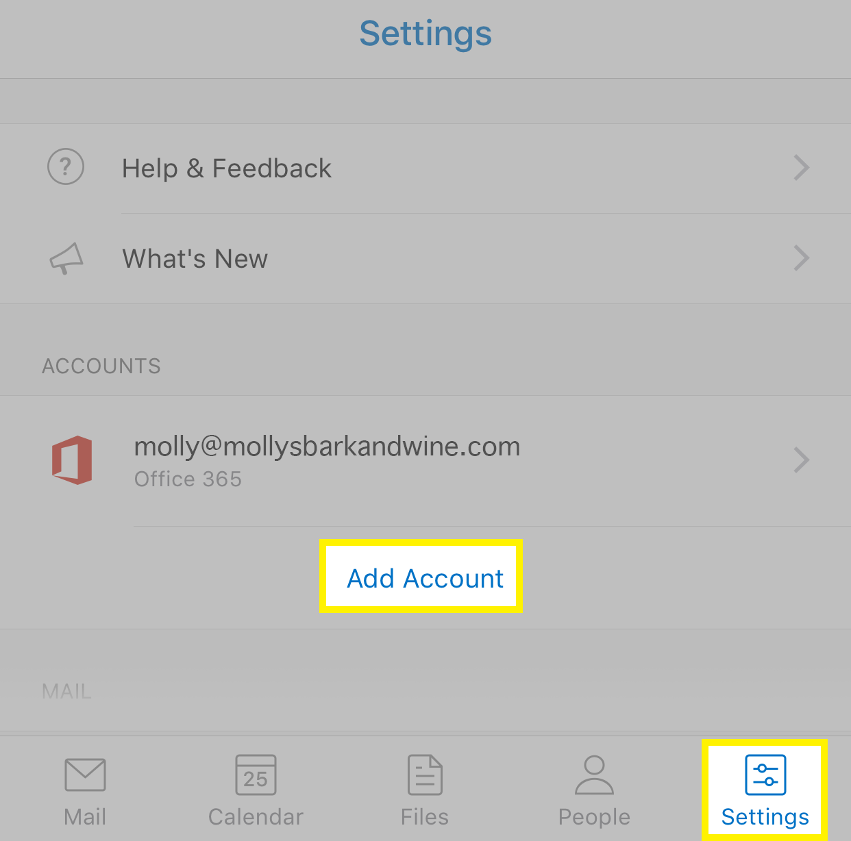 Already set up account, tap Settings, tap Add Account
