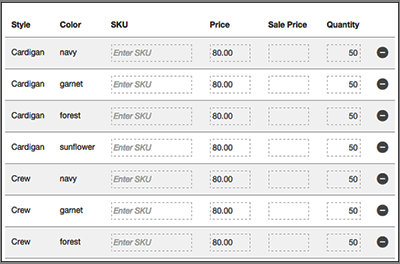 Use the table below the Options section to edit the SKU, Price, Sale Price or Quantity.