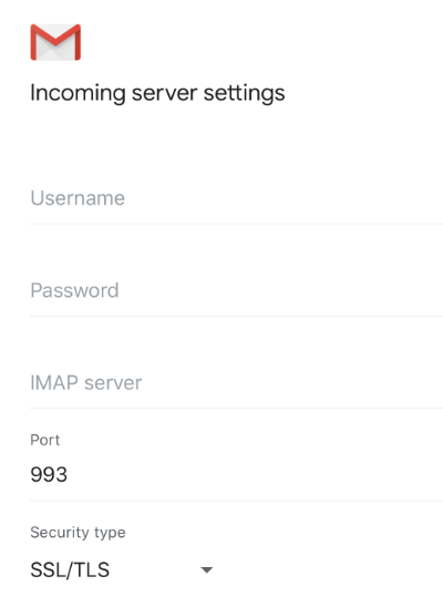 Incoming server settings showing 993 as the port and SSL/TLS as the security type