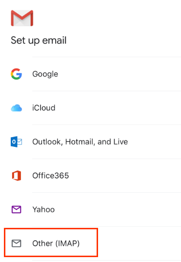 White envelope to the left of Other (IMAP) in a list of email clients