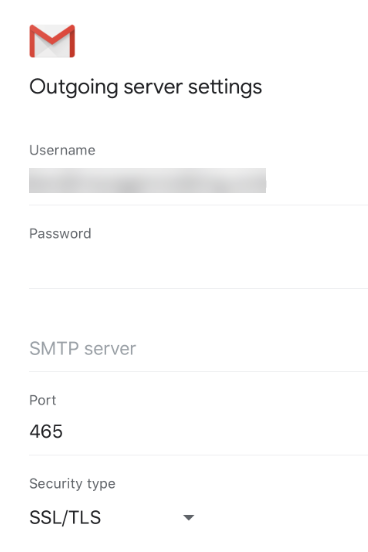 Outgoing server settings showing 465 as the port and SSL/TLS as the security type