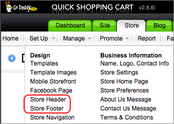 Choose Store Header or Store Footer