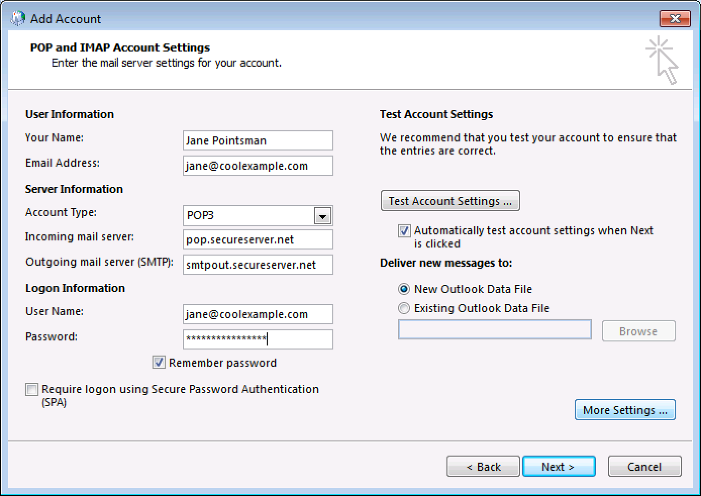 comcast email server settings for outlook 2010