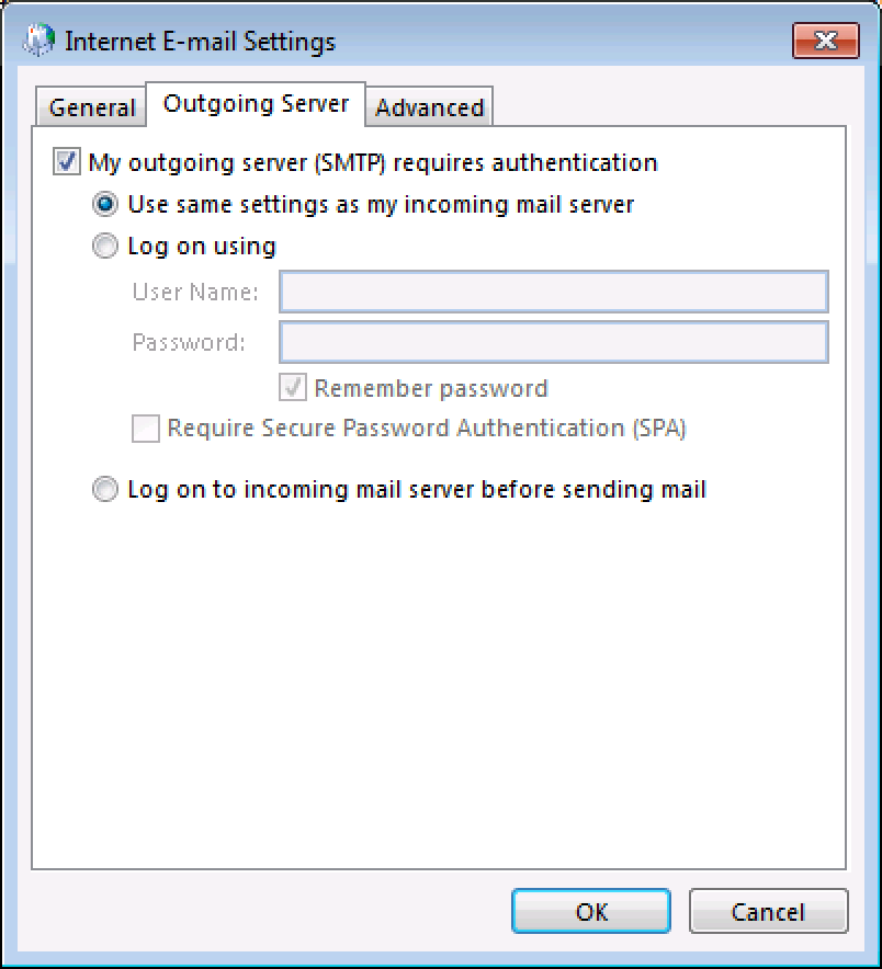 Outgoing Server: Select My outgoing server requires authentication, and Use same settings